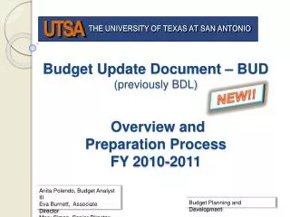 Budget Update Document – BUD (previously BDL) Overview and Preparation Process FY 2010-2011