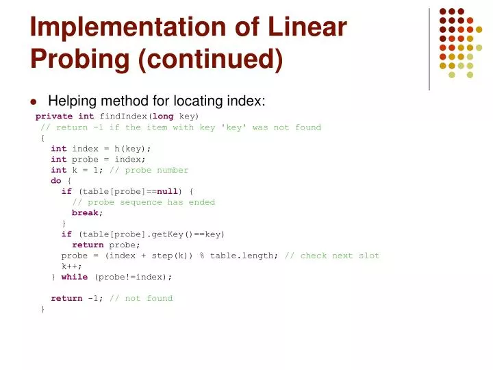 implementation of linear probing continued