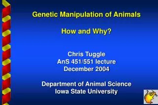 Genetic Manipulation of Animals How and Why? Chris Tuggle AnS 451/551 lecture December 2004 Department of Animal Science