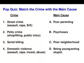 Pop Quiz: Match the Crime with the Main Cause Crime Main Cause 1.	Street crime	A.	Poor parenting 	(assault, rape, B/E) 2