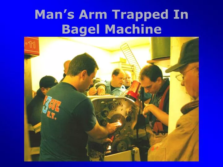 man s arm trapped in bagel machine