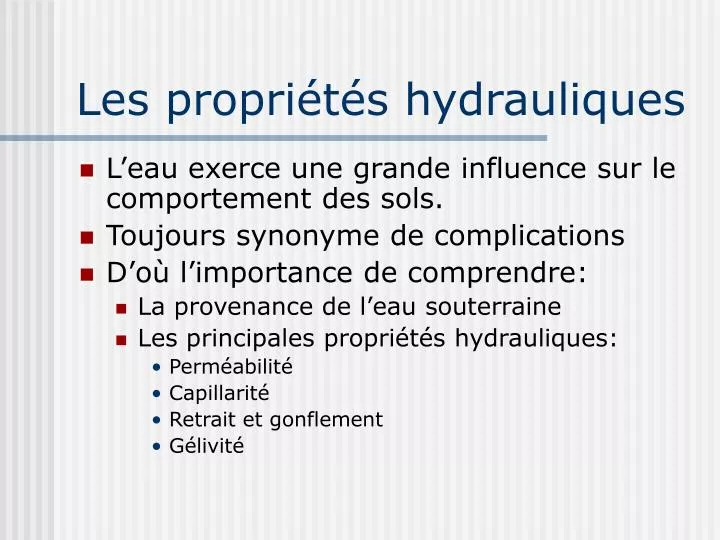 les propri t s hydrauliques