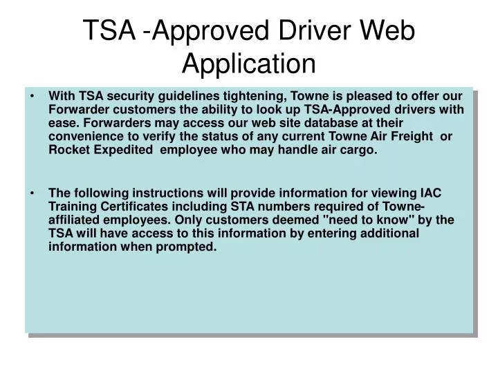 tsa approved driver web application
