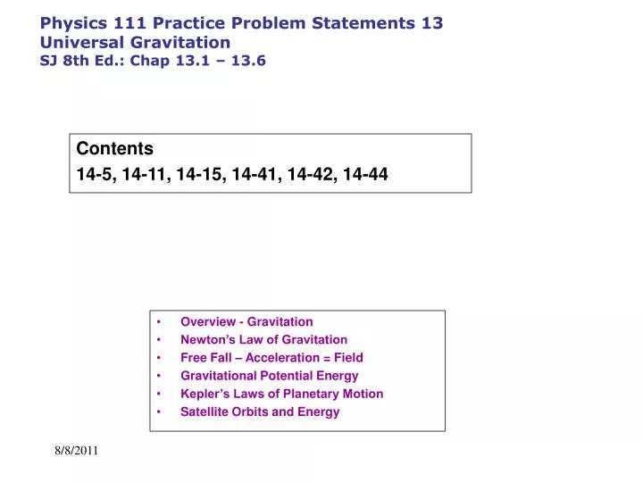 physics 111 practice problem statements 13 universal gravitation sj 8th ed chap 13 1 13 6