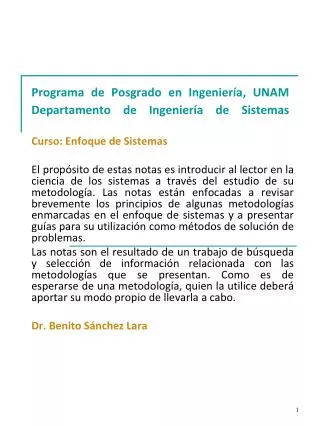 Programa de Posgrado en Ingeniería, UNAM Departamento de Ingeniería de Sistemas