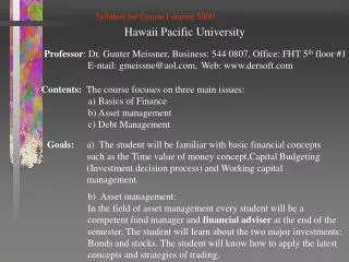 Syllabus for Course Finance 3000 	 Hawaii Pacific University