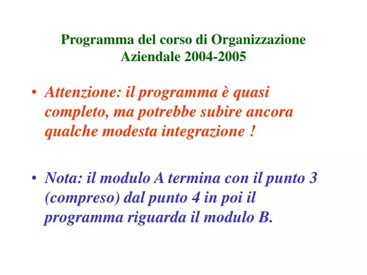programma del corso di organizzazione aziendale 2004 2005