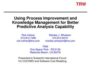 Using Process Improvement and Knowledge Management for Better Predictive Analysis Capability