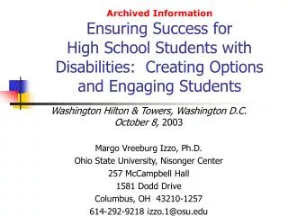 Archived Information Ensuring Success for High School Students with Disabilities: Creating Options and Engaging Student