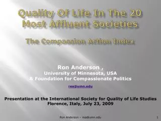 Quality Of Life In The 20 Most Affluent Societies The Compassion Action Index