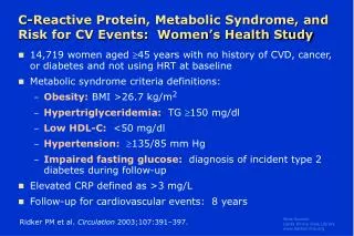 C-Reactive Protein, Metabolic Syndrome, and Risk for CV Events: Women’s Health Study