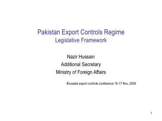 Pakistan Export Controls Regime Legislative Framework