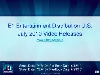 E1 Entertainment Distribution U.S. July 2010 Video Releases