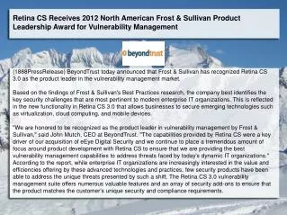 Retina CS Receives 2012 North American Frost & Sullivan Prod