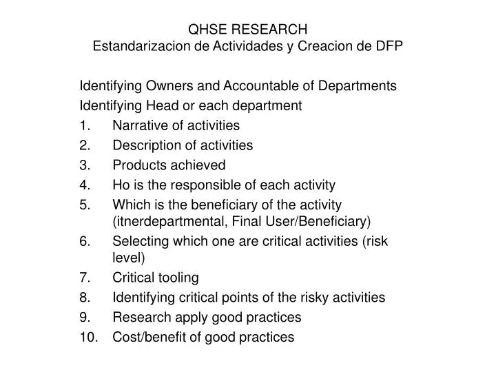qhse research estandarizacion de actividades y creacion de dfp
