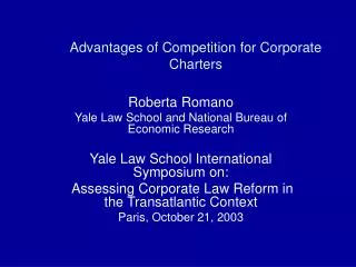 Advantages of Competition for Corporate Charters