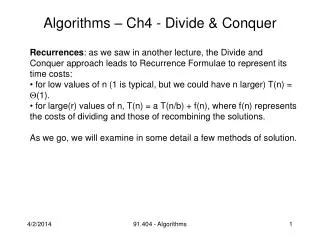 Algorithms – Ch4 - Divide &amp; Conquer