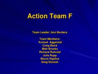 Action Team F Team Leader: Ann Borders Team Members: Kumud Aggarwal Craig Baird Matt Brooks Richard Ruhrold Julia R