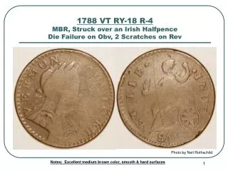 1788 VT RY-18 R-4 MBR, Struck over an Irish Halfpence Die Failure on Obv, 2 Scratches on Rev