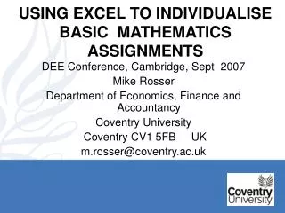 USING EXCEL TO INDIVIDUALISE BASIC MATHEMATICS ASSIGNMENTS