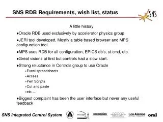 SNS RDB Requirements, wish list, status
