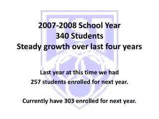 2007-2008 School Year 340 Students Steady growth over last four years