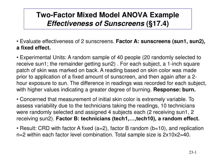 two factor mixed model anova example effectiveness of sunscreens 17 4