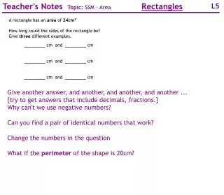 Teacher's Notes Topic: SSM - Area