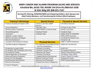ARMY CAREER AND ALUMNI PROGRAM (ACAP) AND SERVICES Schofield Bks , BLDG 750, ROOM 134 (First Flr ) 808-655-1028 &amp;