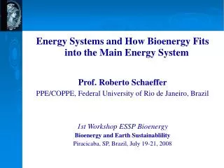 Energy Systems and How Bioenergy Fits into the Main Energy System Prof. Roberto Schaeffer PPE/COPPE, Federal University