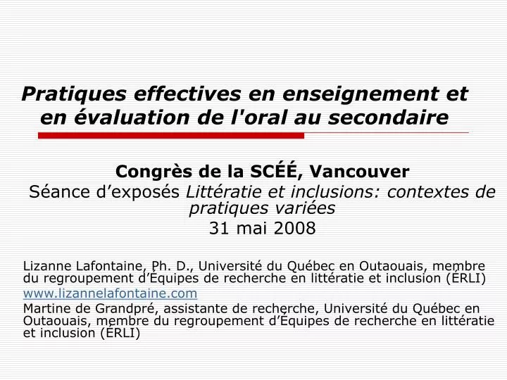 pratiques effectives en enseignement et en valuation de l oral au secondaire