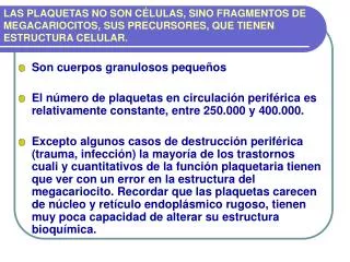 LAS PLAQUETAS NO SON CÉLULAS, SINO FRAGMENTOS DE MEGACARIOCITOS, SUS PRECURSORES, QUE TIENEN ESTRUCTURA CELULAR.