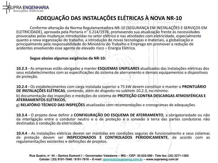 adequa o das instala es el tricas nova nr 10