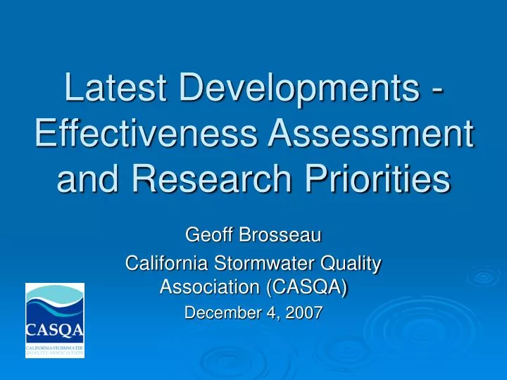 latest developments effectiveness assessment and research priorities