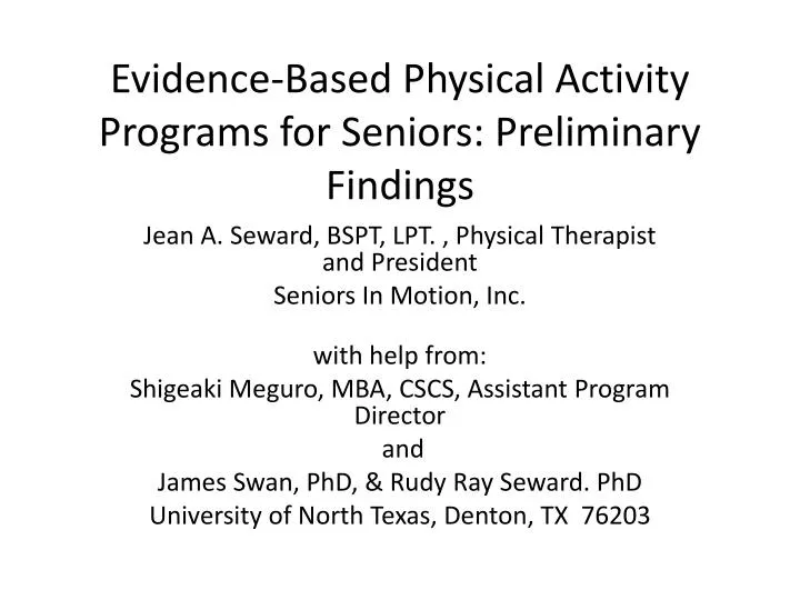 evidence based physical activity programs for seniors preliminary findings