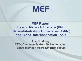 MEF Report: User to Network Interface (UNI) Network-to-Network Interfaces (E-NNI) and Global Interconnection Tools
