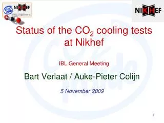 Status of the CO 2 cooling tests at Nikhef IBL General Meeting