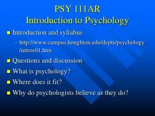 PSY 111AR Introduction to Psychology