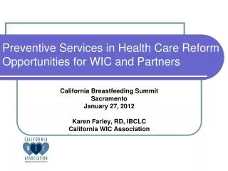 Preventive Services in Health Care Reform Opportunities for WIC and Partners