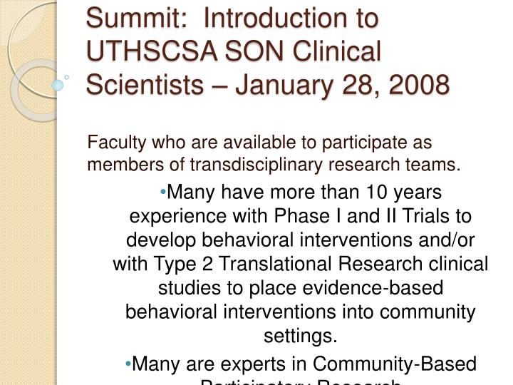 children s health research summit introduction to uthscsa son clinical scientists january 28 2008