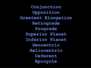 Conjunction Opposition Greatest Elongation Retrograde Prograde Superior Planet Inferior Planet Geocentric Heliocentric D