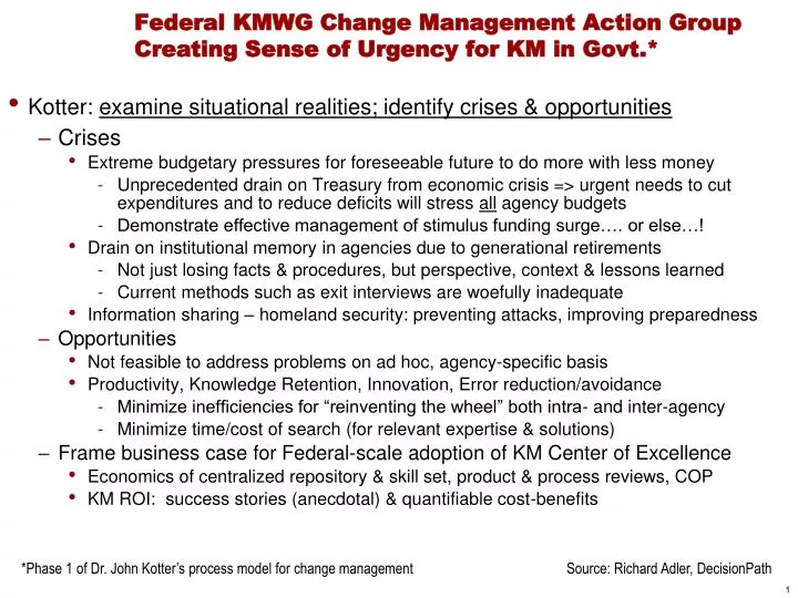 federal kmwg change management action group creating sense of urgency for km in govt