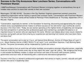 Success in the City Announces New Luncheon Series; Conversat