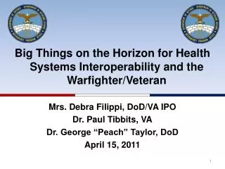 Big Things on the Horizon for Health Systems Interoperability and the Warfighter /Veteran Mrs. Debra Filippi, DoD/VA IP