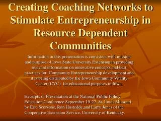 Creating Coaching Networks to Stimulate Entrepreneurship in Resource Dependent Communities