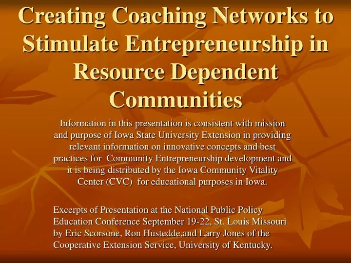 creating coaching networks to stimulate entrepreneurship in resource dependent communities