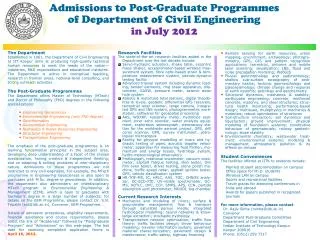 Admissions to Post-Graduate Programmes of Department of Civil Engineering in July 2012