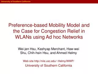 Preference-based Mobility Model and the Case for Congestion Relief in WLANs using Ad hoc Networks