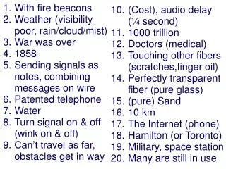 With fire beacons Weather (visibility poor, rain/cloud/mist) War was over 1858 Sending signals as notes, combining messa