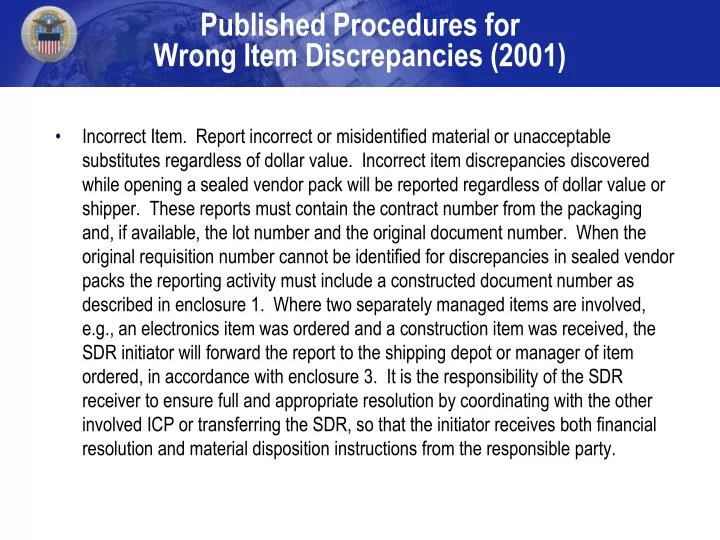 published procedures for wrong item discrepancies 2001